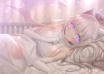  animal_ears bed blue_eyes blush breasts elbow_gloves gloves gray_hair long_hair original wings yano_mitsuki 