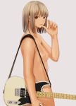  1girl bangs breasts brown_eyes commentary electric_guitar fingernails grey_hair guitar highres instrument nail_polish nipples nude original red_nails short_hair simple_background small_breasts solo standing telecaster tonari_no_kishida tongue tongue_out white_background 