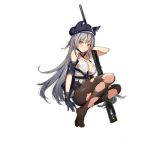  1girl arm_at_side armor ass bangs between_breasts black_gloves black_legwear black_neckwear black_shorts blue_headwear blue_jacket blush breasts brown_eyes cleavage closed_mouth collared_shirt damaged dirty fn_spr_a3g frown full_body girls_frontline gloves gun hair_ornament hairclip hand_behind_head hat head_tilt holding holding_gun holding_weapon jacket large_breasts logo long_hair necktie necktie_between_breasts no_bra no_shoes official_art open_clothes open_jacket pantyhose parted_lips pouch rifle shin_guards shirt short_shorts shorts sidelocks silver_hair sitting sleeves_rolled_up sniper_rifle solo spr-a3g_(girls_frontline) strap tearing_up thigh_strap tied_shirt torn_clothes torn_hat torn_jacket torn_legwear torn_shirt transparent_background trigger_discipline very_long_hair weapon white_shirt x_hair_ornament yuran 