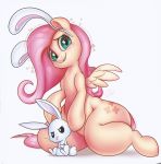 angel_(mlp) blush bunny_ears_(disambiguation) equid equine female feral fluttershy_(mlp) friendship_is_magic hi_res kneeling lagomorph larger_female leporid mammal my_little_pony pterippus rabbit size_difference twi_paww wings 