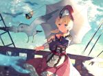  1girl bangs blonde_hair blue_eyes closed_mouth collarbone door edna_(tales) eyebrows_visible_through_hair floating_hair hair_between_eyes hat holding holding_umbrella long_skirt long_sleeves looking_at_viewer low_twintails normin_(tales) outdoors red_skirt shibaebi_(yasaip_game) short_hair skirt smile solo standing tales_of_(series) tales_of_zestiria twintails umbrella white_headwear white_umbrella 