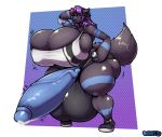  anthro araidian_(artist) balls big_balls big_breasts big_penis bodily_fluids breasts canid canine canis clothing ejaculation erection evezara eyewear footwear genitals glasses gynomorph hair hand_behind_head huge_balls huge_breasts huge_penis humanoid_penis hyper hyper_balls hyper_breasts hyper_genitalia hyper_penis intersex mammal multicolored_hair penis plastic_container shoes sweat thick_thighs torn_clothing wolf 