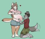  &lt;3 anthro breasts canid canine canis clothed clothing duo female fully_clothed green_background hi_res male male/female mammal pregnant quib simple_background wolf 