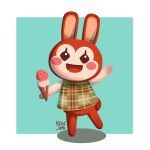  1:1 2018 :d animal_crossing anthro barefoot black_eyes blue_background bottomless bunnie_(animal_crossing) clothed clothing dessert eyelashes featureless_crotch female food fur hi_res ice_cream ice_cream_cone kocha_jikan lagomorph leporid long_ears looking_at_viewer mammal nintendo noseless open_mouth rabbit red_body red_fur red_tongue rosy_cheeks shirt simple_background smile solo standing tongue topwear video_games 