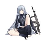  1girl ak-12 ak-12_(girls_frontline) closed_eyes defy_(girls_frontline) girls_frontline gloves gun highres long_hair purple_eyes silver_hair simple_background sitting smile solo talnory weapon white_background 