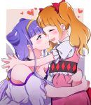  2girls :d ^_^ aisaki_emiru black_choker blush bow choker closed_eyes closed_mouth eyebrows_visible_through_hair hair_bow hairband heart hug hugtto!_precure long_hair looking_at_another low_twintails multiple_girls negom open_mouth orange_hair precure puffy_short_sleeves puffy_sleeves purple_eyes purple_hair red_bow ruru_amour short_hair short_sleeves smile twintails yellow_hairband yuri 
