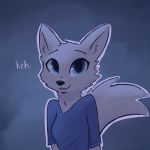  1:1 2020 anthro arctic_fox blue_background blue_eyes canid canine cheek_tuft clothed clothing dialogue disney enginetrap english_text facial_tuft female fox fur head_tuft hi_res looking_at_viewer mammal shirt simple_background skye_(zootopia) smile solo t-shirt text topwear tuft white_body white_fur zootopia 