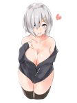  1girl :d absurdres alternate_costume bare_shoulders between_legs black_legwear black_sweater blue_eyes blush breasts cleavage collarbone cropped_legs hair_ornament hair_over_one_eye hairclip hamakaze_(kantai_collection) hand_between_legs heart highres kantai_collection large_breasts long_sleeves looking_at_viewer off-shoulder_sweater off_shoulder open_mouth saku_(kudrove) short_hair silver_hair simple_background sleeves_past_wrists smile solo sweater thighhighs thighs white_background 