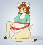  anthro barn-flakes belly big_belly blush bottomless bound breasts cervid cleavage clothed clothing ear_piercing ear_ring female geckoguy123456789 hair mammal piercing pregnant ribbons solo 