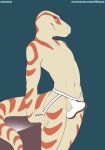  absurd_res anthro clothed clothing erection erection_under_clothing genitals hi_res jockstrap male navel penis scalie shiuk simple_background smile solo topless underwear 