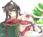  1girl animal_ear_fluff animal_ears bare_shoulders black_hair blue_eyes blurry blurry_background blush bow box cat_ears cat_girl cat_tail christmas christmas_ornaments christmas_tree closed_mouth collarbone depth_of_field elbow_gloves fur-trimmed_gloves fur-trimmed_skirt fur_trim garter_straps gift gift_box gloves green_bow hair_bow heterochromia keiran_(ryo170) long_hair navel original red_bow red_gloves red_skirt sack santa_costume skirt smile solo tail thighhighs twintails very_long_hair white_background white_legwear yellow_eyes 