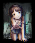  1girl asymmetrical_hair barefoot brown_eyes brown_hair cable chromatic_aberration commentary_request computer dress hair_ornament hairclip iwakura_lain looking_at_viewer noruka-soruka serial_experiments_lain short_hair solo strap_slip 