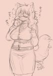  2020 4_fingers anthro big_breasts breasts clothed clothing eyewear felid feline female fingers fluffy fluffy_tail glasses hair japanese_text kemono kiichi long_hair mammal mask monochrome sketch solo standing text 