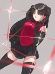  1girl aito black_hair black_legwear black_skirt blue_eyes breasts closed_mouth fate/stay_night fate_(series) highres long_hair looking_at_viewer pleated_skirt simple_background skirt smile solo sweater thighhighs toosaka_rin two_side_up 