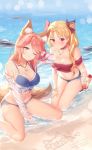  2girls animal_ears artist_name bangs bikini blonde_hair blush bracelet breasts choker cleavage day denim denim_shorts ereshkigal_(fate/grand_order) eyebrows_visible_through_hair fate/grand_order fate_(series) fox_ears fox_tail hair_ribbon highres jewelry kneeling large_breasts long_hair looking_at_viewer medium_breasts multiple_girls necklace off_shoulder outdoors parted_bangs pink_hair red_eyes ribbon rimuu shirt shorts sitting smile swimsuit tail tamamo_(fate)_(all) tamamo_no_mae_(fate) tied_shirt two_side_up wariza wet yellow_eyes 