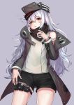  1girl absurdres blush brown_eyes g11_(girls_frontline) girls_frontline grey_hair hat highres iznal long_hair looking_at_viewer open_mouth shorts simple_background solo tagme white_background 