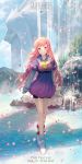  blue_eyes breasts cleavage day demel_lunarian dragon dress highres long_hair long_sleeves looking_at_viewer outdoors petals pink_hair pixiv_fantasia_age_of_starlight rackety smile standing water white_footwear 