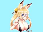  aliasing amino_dopple animal_ears bell bikini_top blonde_hair blue_eyes breasts cleavage cyan erect_nipples foxgirl glasses honami_mikura long_hair original signed twintails 