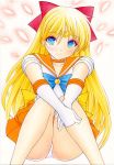  1girl aino_minako back_bow bangs bishoujo_senshi_sailor_moon blonde_hair blue_eyes blue_neckwear blush bow choker closed_mouth collarbone collared_shirt earrings elbow_gloves eyebrows_visible_through_hair gloves hair_between_eyes hair_bow jewelry long_hair miniskirt nightmare77zx orange_sailor_collar orange_skirt panties pantyshot pantyshot_(sitting) pleated_skirt red_bow sailor_collar sailor_senshi_uniform sailor_shirt sailor_venus shirt short_sleeves sitting skirt smile solo traditional_media underwear very_long_hair white_background white_gloves white_panties white_shirt yellow_bow 