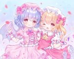  2girls ;p absurdres ascot bat_wings blonde_hair bow brooch dress flandre_scarlet frills hat hat_ribbon highres jewelry lavender_hair lolita_fashion looking_at_viewer mob_cap multiple_girls omochi_monaka one_eye_closed open_mouth pink_dress puffy_short_sleeves puffy_sleeves red_bow red_eyes red_vest remilia_scarlet ribbon ribbon_trim short_hair short_sleeves siblings side_ponytail sisters smile the_embodiment_of_scarlet_devil tongue tongue_out touhou vest wings wrist_cuffs yume_kawaii 