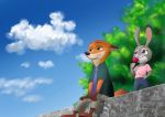  2018 anthro bottomwear canid canine clothed clothing cloud disney female food fox fully_clothed fur green_eyes hi_res holding_food holding_object judy_hopps lagomorph leporid male mammal necktie nick_wilde outside pants pawpsicle popsicle purple_eyes rabbit shirt simple_background sky takatmadisney topwear tree zootopia 