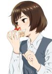  1girl bangs blush brown_eyes brown_hair cake clenched_hand collared_shirt eating food food_on_face grey_vest holding holding_cake holding_food long_sleeves mattaku_mousuke original shirt short_hair simple_background solo strawberry_shortcake striped_vest upper_body vest white_background white_shirt 