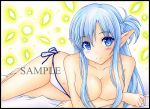  1girl asuna_(sao-alo) bangs barefoot bed_sheet bikini blue_eyes blue_hair blush braid breasts cleavage closed_mouth collarbone crossed_arms crown_braid eyebrows_visible_through_hair hair_between_eyes hair_censor hair_over_breasts long_hair looking_at_viewer lying medium_breasts navel nightmare77zx on_side pointy_ears sample shiny shiny_hair side-tie_bikini smile solo swimsuit sword_art_online topless traditional_media very_long_hair white_bikini_bottom 
