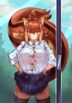  :3 ahoge animal_humanoid big_breasts blazblue blush bottomwear breasts brown_eyes brown_hair cleavage clothed clothing female fully_clothed hair hands_on_hips huge_breasts huge_tail humanoid legwear looking_at_viewer makoto_nanaya mammal mammal_humanoid miniskirt outside pincerpencil rodent rodent_humanoid sciurid sciurid_humanoid shirt short_stack skirt sky smile solo squirrel_humanoid standing thigh_highs tight_clothing topwear video_games 