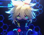  1boy blonde_hair blue_eyes cable character_name commentary cyberpunk ei_flow english_commentary english_text face_mask glowing glowing_eyes heterochromia hexagon highres kagamine_len looking_at_viewer male_focus mask multicolored multicolored_eyes neon_lights portrait spiked_hair twitter_username vocaloid yellow_eyes 