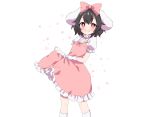  animal_ears black_hair blush bow bunny_ears bunnygirl dress gloves inaba_tewi kneehighs red_eyes short_hair skirt_lift touhou tsukimirin white 