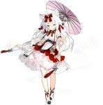  1girl animal_ears azur_lane bow breasts cat_ears dress hair_bow high_heels highres long_hair official_art one_eye_closed red_bow saru shoes smile solo transparent_background umbrella white_hair white_umbrella yukikaze_(azur_lane) yukikaze_(winter&#039;s_snowy_wind)_(azur_lane) 