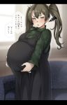  1girl alternate_costume big_belly dark_green_hair green_eyes hair_ribbon hand_on_own_stomach highres kantai_collection long_hair looking_at_viewer pregnant ribbon ryuun_(stiil) solo speech_bubble squiggle translation_request twintails white_ribbon zuikaku_(kantai_collection) 