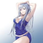  1girl ak-12_(girls_frontline) breasts defy_(girls_frontline) girls_frontline hand_in_hair hand_up highres long_hair looking_at_viewer purple_eyes shorts silver_hair simple_background solo sportswear talnory white_background 