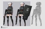  1girl ammunition belt breast_pocket breasts commentary_request earpiece english_commentary fingerless_gloves girls_frontline gloves grey_shirt gun hair_ribbon highres holster italian_flag knee_pads large_breasts load_bearing_equipment pocket ponytail pouch red_eyes ribbon riot_shield shield shirt shoes shorts shotgun shotgun_shells sneakers spas-12 spas-12_(girls_frontline) terras thighhighs weapon white_hair zettai_ryouiki 