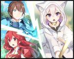  &gt;:o 1boy 2girls :o animal_hood armor black_border blush border cat_hood character_request chibikko_kenja_lv.1_kara_isekai_de_ganbarimasu! choker coat collarbone electricity eyebrows_visible_through_hair fur-trimmed_coat fur-trimmed_sleeves fur_trim hair_between_eyes holding holding_stick hood hooded_coat long_hair long_sleeves looking_at_another looking_at_viewer magic multiple_girls novel_illustration official_art open_mouth purple_eyes red_armor red_eyes red_hair short_hair silver_hair sparkle surprised sweatdrop takehana_note v-shaped_eyebrows white_coat 