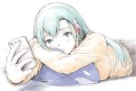  animal_pillow aqua_eyes aqua_hair blush earbuds earphones eyebrows_visible_through_hair hair_ornament hairclip highres holding holding_phone kantai_collection long_hair looking_at_phone lying on_stomach orca phone suzuya_(kantai_collection) sweater vent_arbre 