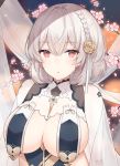  1girl ayuanlv azur_lane bangs blush braid branch breast_curtains breasts cherry_blossoms cleavage dated dress flower french_braid hair_between_eyes hair_flower hair_ornament highres large_breasts looking_at_viewer open_mouth parted_lips petals pink_flower red_eyes revealing_clothes rose short_hair side_braid signature silver_hair sirius_(azur_lane) sirius_(azure_horizons)_(azur_lane) solo upper_body yellow_flower 