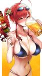  1girl :d ahoge alcohol azur_lane bangs beer beer_mug bikini black_bikini blush breasts brown_eyes cleavage collarbone commentary cup drinking drunk eyebrows_visible_through_hair food goggles goggles_on_head gradient gradient_background hair_between_eyes hair_ornament halterneck hands_up highres holding holding_food kebab large_breasts long_hair mirei multiple_straps navel nose_blush o-ring o-ring_bikini open_mouth orange_background red_hair side_ponytail sidelocks smile solo stomach sweat swimsuit upper_body wet whistle whistle_around_neck white_background zara_(azur_lane) zara_(poolside_coincidence)_(azur_lane) 