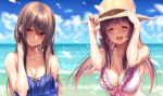  2girls :d ^_^ arms_up beach bikini blue_bikini_top blurry blurry_background blush breasts brown_hair cleavage closed_eyes day depth_of_field frilled_bikini_top front-tie_bikini front-tie_top hair_between_eyes hands_on_headwear hat head_tilt horizon large_breasts long_hair minazumi_kasane multiple_girls open_mouth original outdoors pink_eyes piromizu shizuki_neru sidelocks smile straw_hat swimsuit upper_body wet wet_hair white_bikini_top 