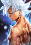  1boy arms_at_sides aura blurry closed_mouth dark_background darkness depth_of_field dirty dirty_face dragon_ball dragon_ball_super dragon_ball_z expressionless from_side frown glowing grey_eyes hankuri light_particles looking_away male_focus muscle pectorals scratches serious shaded_face shirtless silver_hair son_gokuu spiked_hair ultra_instinct upper_body 