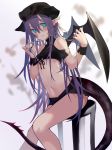  absurdres aqua_nails bare_shoulders black_headwear blue_eyes blurry blurry_background blush chair cross cross_earrings demon_girl earrings fingernails hair_between_eyes hat highres horns jewelry kesuno long_hair navel original parted_lips pointy_ears purple_hair red_outline sitting smile tail turtleneck wings 