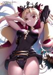  1girl armpits arms_up artist_name ass_visible_through_thighs bangs black_leotard black_nails blonde_hair blue_hair bow breasts cape cowboy_shot detached_sleeves earrings ereshkigal_(fate/grand_order) fate/grand_order fate_(series) gradient_hair groin hair_bow highres jewelry leotard lo_xueming long_hair medium_breasts multicolored_hair nail_polish parted_bangs patreon_logo patreon_username purple_bow purple_cape red_eyes simple_background single_detached_sleeve solo tiara very_long_hair white_background 