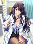  1girl :d amagi_ryou bangs black_hair black_skirt blush boku_to_kanojo_(joi)_no_shinsatsu_nisshi breasts brown_eyes cleavage collared_shirt doctor head_tilt highres holding indoors jewelry labcoat large_breasts long_hair looking_at_viewer mole mole_on_breast moneti_(daifuku) necklace open_mouth pantyhose parted_bangs pink_nails shirt sidelocks sitting skirt smile solo stethoscope tied_shirt wavy_hair 
