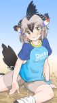  1girl bangs bird_tail black_hair blue_shirt booth_tomato clothes_writing eyebrows_visible_through_hair greater_roadrunner_(kemono_friends) green_eyes grey_hair hair_between_eyes hair_tubes head_wings kemono_friends looking_at_viewer multicolored_hair on_ground parted_lips raglan_sleeves shirt short_hair short_sleeves shorts sitting smirk solo sweat v-shaped_eyebrows 