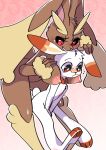  between_breasts big_breasts black_sclera blush breasts embarrassed female lagomorph larger_female leporid lopunny male mammal melodydream2 nintendo pok&eacute;mon pok&eacute;mon_(species) rabbit scorbunny size_difference smaller_male video_games 