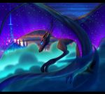  2020 blue_eyes city detailed_background digital_media_(artwork) dragon flying hi_res horn night outside plaguedogs123 sky star starry_sky wyvern 