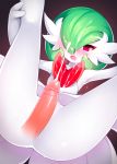  1boy 1girl :d anus ass blush cum cum_on_body cum_on_hair disembodied_penis dress drooling ejaculation erection facial gardevoir gen_3_pokemon green_hair hair_over_one_eye heavy_breathing hetero highres legs_up mega_gardevoir mouth_drool open_mouth penis pokemon pokemon_(creature) purple_eyes short_hair smile solo_focus sweat uncensored wavy_mouth white_dress white_skin 