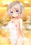  1girl aoyama_blue_mountain bangs blue_eyes blurry blurry_background blush breasts closed_mouth collarbone covered_navel covering depth_of_field eyebrows_visible_through_hair fence gochuumon_wa_usagi_desu_ka? groin hair_between_eyes hand_up large_breasts nipples nude_cover onsen ponytail rikatan sidelocks smile solo steam towel water 