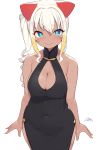  1girl absurdres animal_ears arms_at_sides bare_shoulders black_dress blonde_hair blue_eyes breasts china_dress chinese_clothes cleavage cleavage_cutout cloba closed_mouth collarbone commentary_request covered_navel covered_nipples dark_skin dress eyebrows_visible_through_hair highres large_breasts long_hair looking_at_viewer multicolored_hair original sidelocks simple_background smile solo two-tone_hair white_background white_hair 
