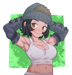  1girl armpits arms_behind_head arms_up bare_shoulders black_hair booth_tomato breasts brown_eyes cleavage collarbone commentary_request crop_top dark_skin elbow_gloves gloves gorilla_(kemono_friends) groin hat kemono_friends large_breasts looking_at_viewer midriff navel short_hair smile solo tank_top upper_body white_tank_top 